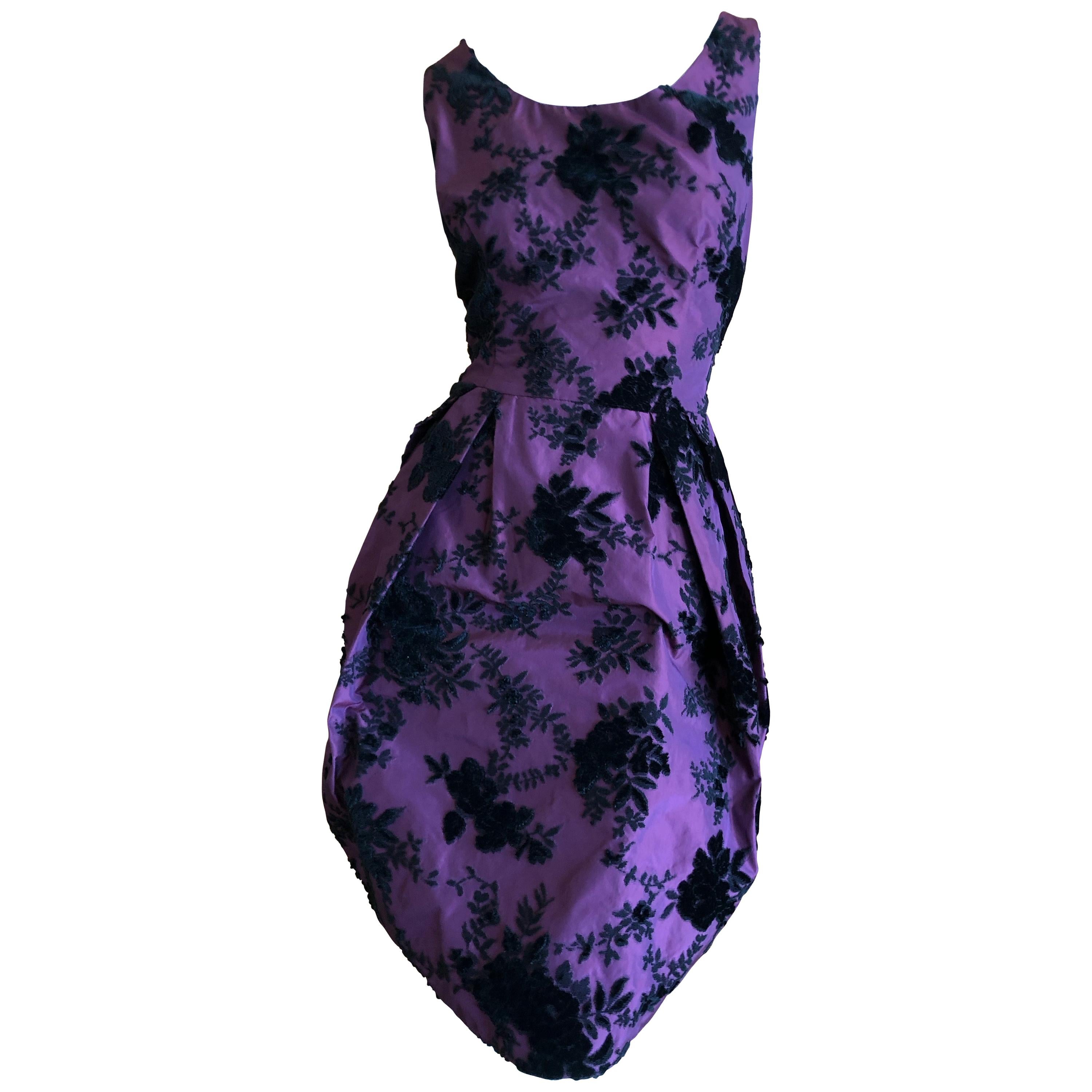 Christian Dior Vintage Purple and Black Devore Velvet Floral Dress For Sale