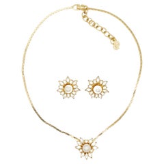 Christian Dior Vintage Radiant Flower Snowflake Pearl Crystal Necklace Earrings