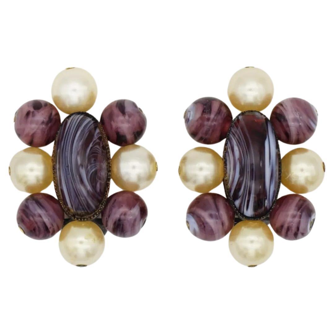 Christian Dior Vintage Rare 1960 Purple White Pearl Oval Earrings For Sale