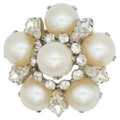 Christian Dior Vintage Rare 1966 White Pearls Crystals Openwork Domed Brooch