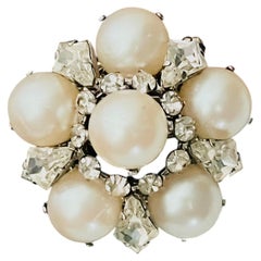 Christian Dior Vintage Rare 1966 White Pearls Crystals Openwork Domed Brooch
