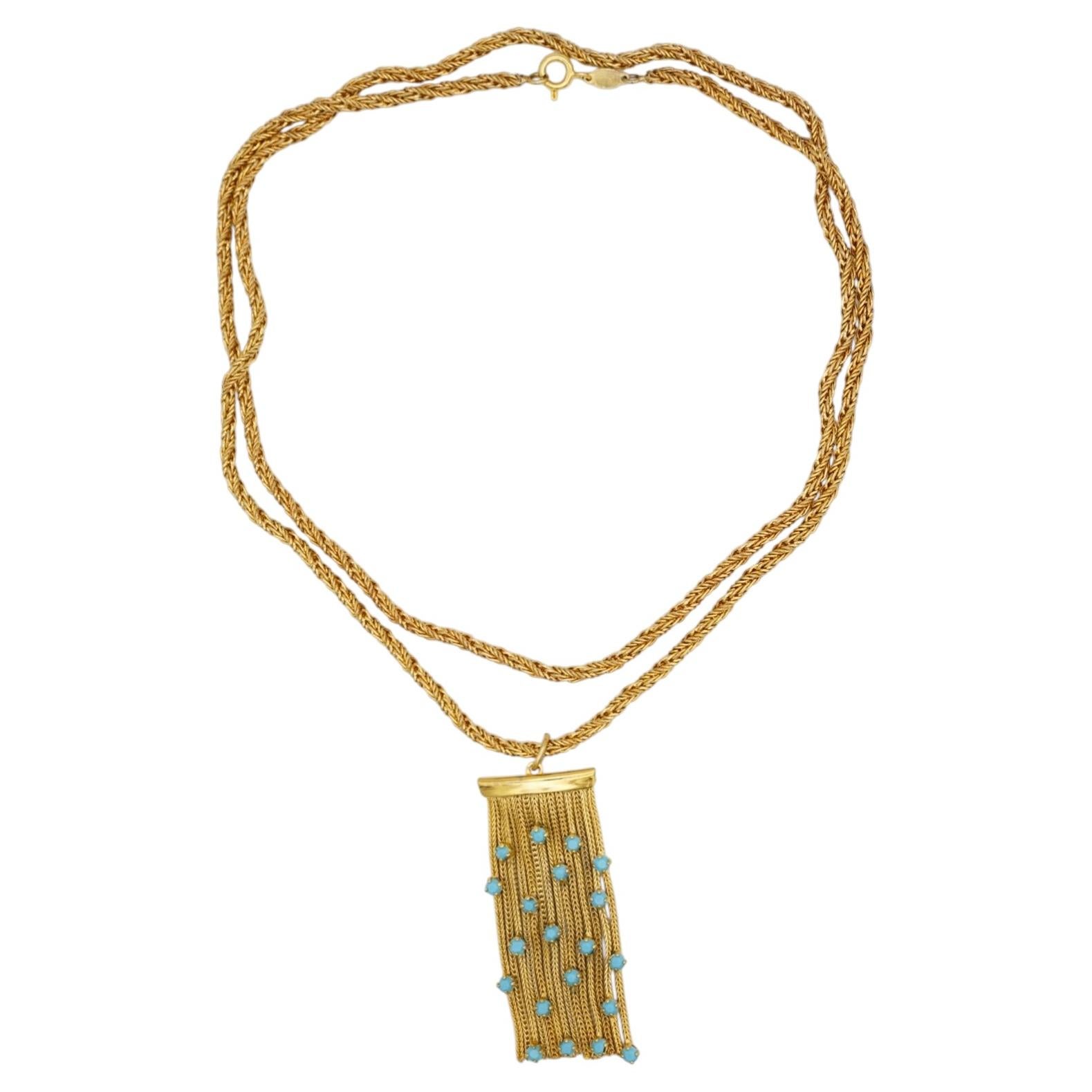 Christian Dior Vintage – Seltenes, langes Halsband mit Quaste aus Gold und Türkis, Modell „GROSSE“, 1971 im Angebot