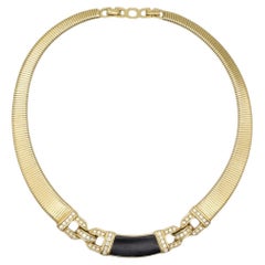 Collier Christian Dior Vintage rare, en cristal noir et or, à maillons entrelacés en forme d'oméga et nervuré