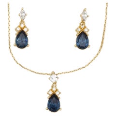 Christian Dior Vintage Rare Blue Sapphire Clear Crystals Gold Water Drop Set