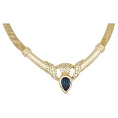 Christian Dior Vintage Rare Blue Sapphire Crystals Omega Mesh Gold Necklace