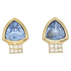 Christian Dior Vintage Rare Gold Aqua Blue Double Crystals Triangle Earrings