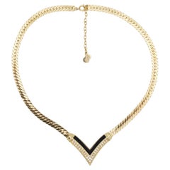 Christian Dior Vintage Rare Gold Black Crystals Arrow Triangle Pendant Necklace