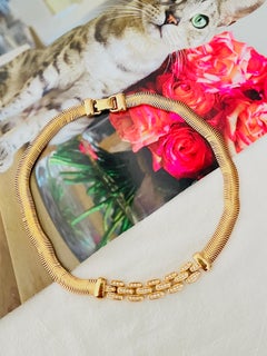 Christian Dior Vintage Rare Gold Crystals Bib Omega Snake Interlinked Necklace
