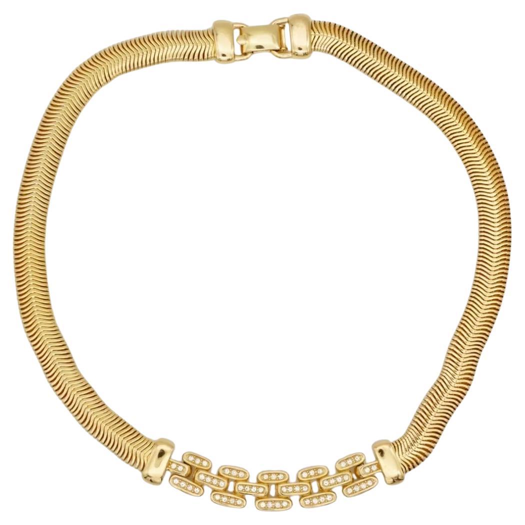 Christian Dior Vintage Rare Gold Crystals Bib Omega Snake Interlinked Necklace