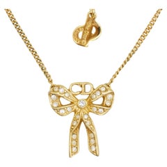 Christian Dior Vintage Rare Gold Crystals Bow Ribbon Logo CD Butterfly Necklace