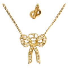 Christian Dior Vintage Rare Gold Crystals Bow Ribbon Logo CD Butterfly Necklace
