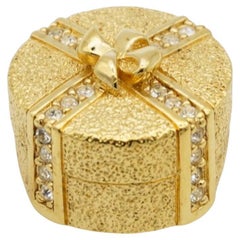 Christian Dior Vintage Rare Gold Crystals Gift Present Ribbon Round Box Brooch
