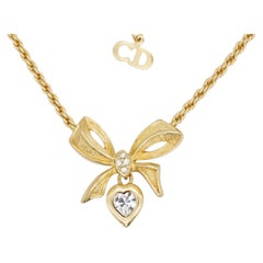 Christian Dior Vintage Rare Gold Crystals Knot Bow Heart Love Drop Necklace