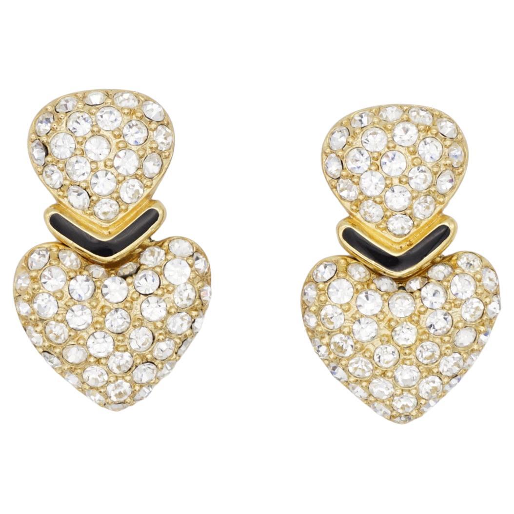 Christian Dior Vintage Rare Gold Double Heart Love Crystals Chunky Drop Earrings