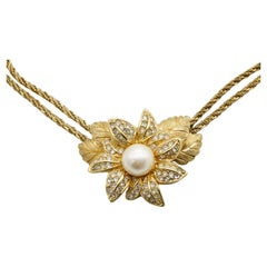 Christian Dior Vintage Rare Gold Floral Pearl Crystals Double Strands Necklace