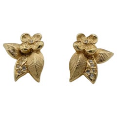 Christian Dior Vintage Rare Gold Flower Leaf Crystals Elegant Pierced Earrings