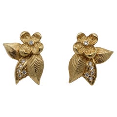 Christian Dior Vintage Rare Gold Flower Leaf Crystals Elegant Pierced Earrings