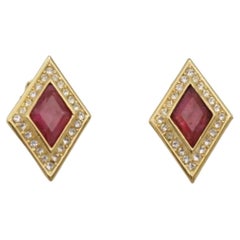 Christian Dior Vintage Rare Gold Gripoix Ruby Red Diamond Crystals Earrings