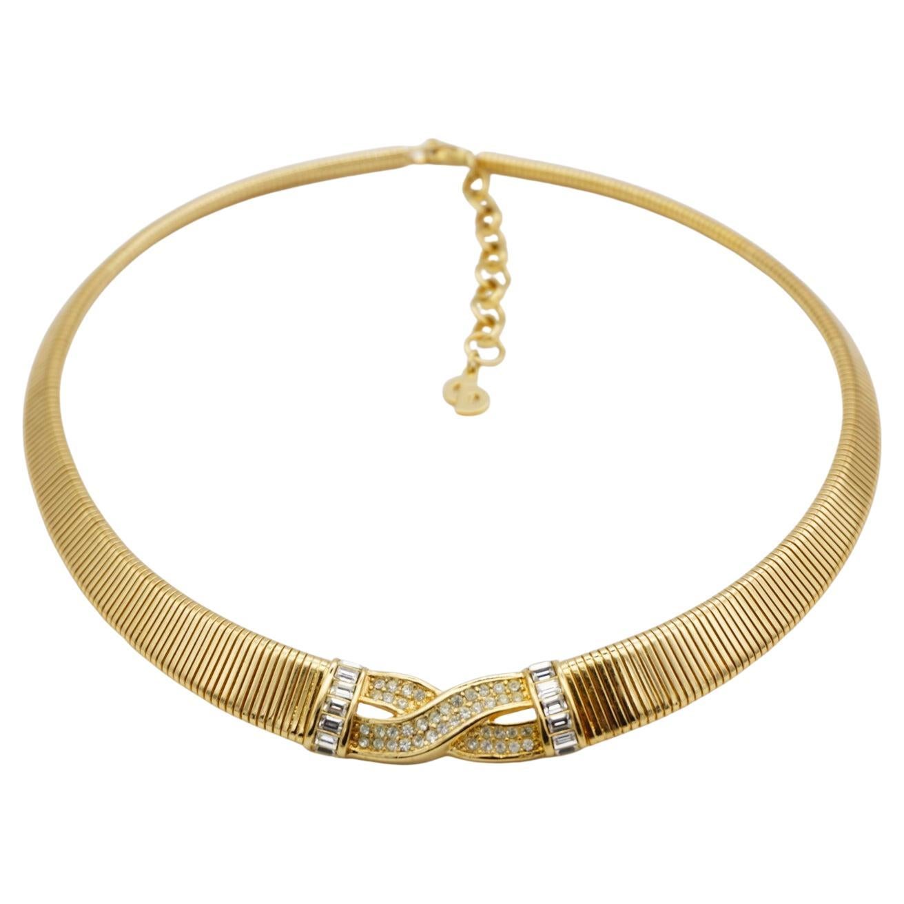 Christian Dior Vintage Rare Gold Interlocked Cross X Crystals Omega Necklace