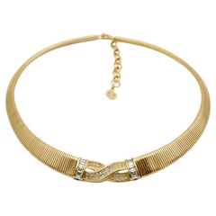Christian Dior Vintage Rare Gold Interlocked Cross X Crystals Omega Necklace