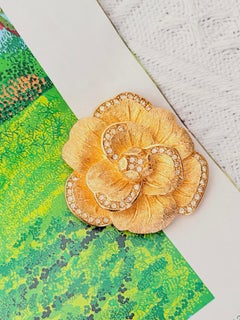 Christian Dior Vintage Rare Gold Large Camellia Crystal Layer Rose Chunky Brooch