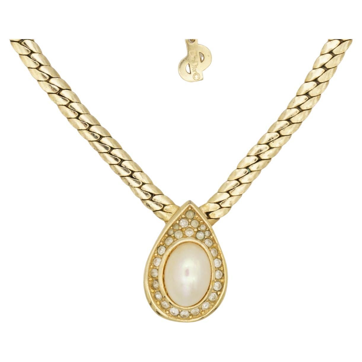 Collar vintage de Christian Dior, raro, de oro, con perlas ovaladas grandes y cristales en forma de gota de agua