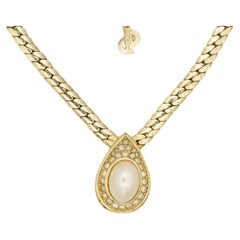 Christian Dior Vintage Rare Gold Large Oval Pearl Crystals Water Drop Necklace