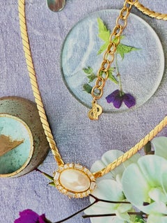 Christian Dior Vintage Rare Gold Large Oval White Pearl Aurora Crystals Necklace