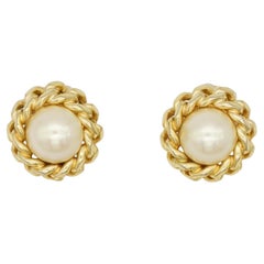 Christian Dior Vintage Rare Gold Large Round White Pearl Interlocked Earrings