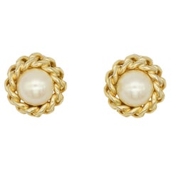 Christian Dior Vintage Rare Gold Large Round White Pearl Interlocked Earrings