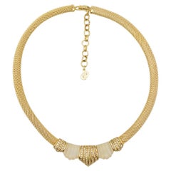Christian Dior Vintage Rare Gold Matte White Shell Crystals Snake Omega Necklace
