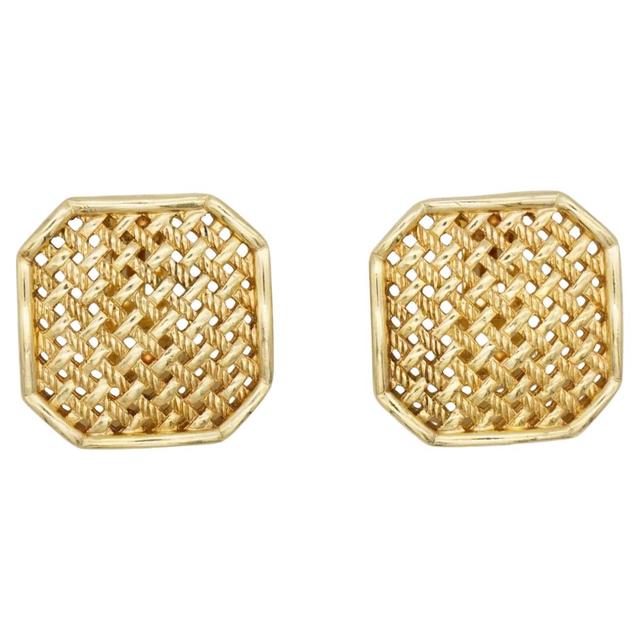 Christian Dior Vintage Rare Gold Octagon Square Mesh Openwork Chunky Earrings For Sale