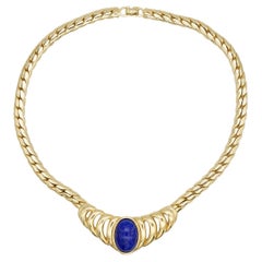 Christian Dior Vintage Rare Gold Oval Lapis Blue Foil Cabochon Heart Necklace