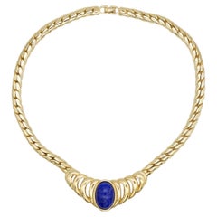 Christian Dior Vintage Rare Gold Oval Lapis Blue Foil Cabochon Heart Necklace