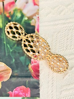 Christian Dior Vintage Rare Gold Oval Mesh Openwork Crystals Long Chunky Brooch