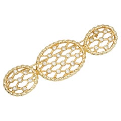 Christian Dior Vintage Rare Gold Oval Mesh Openwork Crystals Long Chunky Brooch