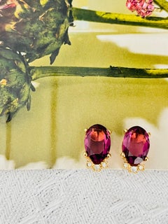 Orecchini Christian Dior vintage rari in oro, viola, con ametista, forma ovale e cristalli trasparenti