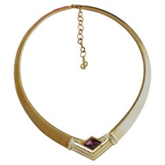 Christian Dior Vintage Rare Gold Purple Amethyst Ribbed Triangle Omega Necklace