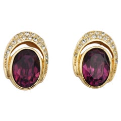 Christian Dior Vintage Rare Gold Purple Oval Crystals Amethyst Openwork Earrings