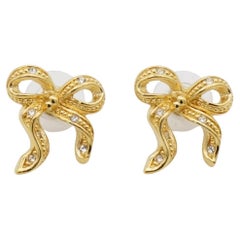 Christian Dior Vintage Rare Gold Ribbon Bow Butterfly Crystals Pierced Earrings