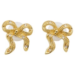 Christian Dior Vintage Rare Gold Ribbon Bow Butterfly Crystals Pierced Earrings