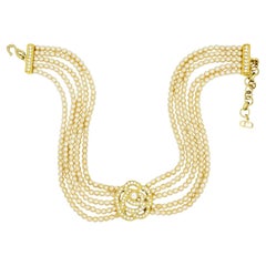 Collana Christian Dior vintage, rara, con rose d’oro, perle, cristalli e fili traforati