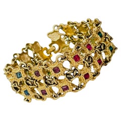 Bracciale Christian Dior vintage raro in maglia d'oro con rubini, zaffiri, smeraldi e ametiste