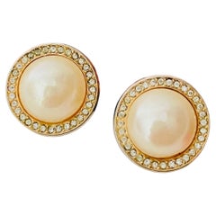 Christian Dior Vintage Rare Gold White Pearl Circle Shining Crystals Earrings