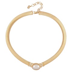 Christian Dior Vintage Rare Gold White Pearl Oval Crystals Omega Collar Necklace