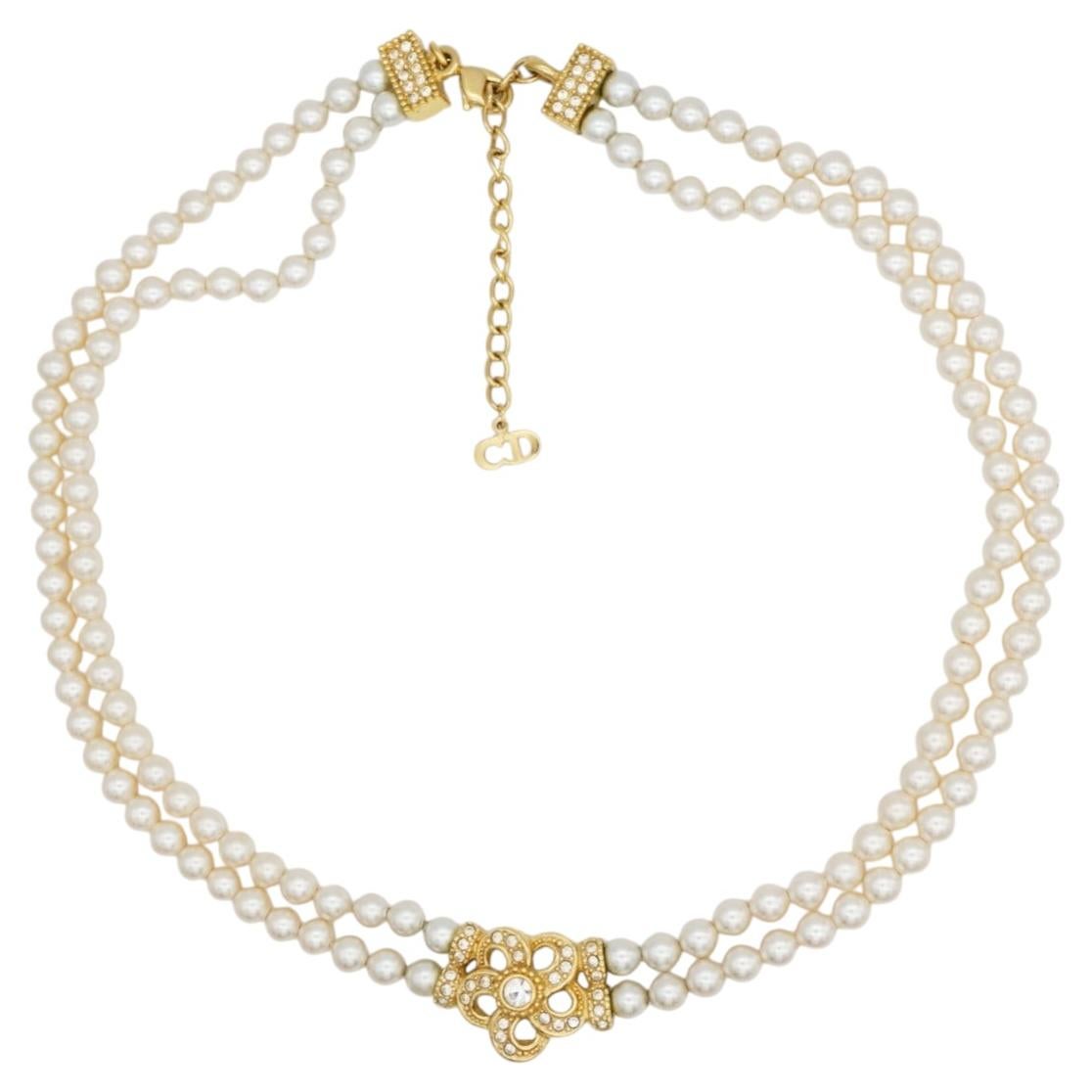 Christian Dior Vintage Rare Gold White Pearls Crystals Strands Elegant Necklace For Sale