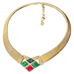 Christian Dior Vintage Rare Gripoix Emerald Ruby Sapphire Gold Omega Necklace