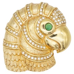 Broche vintage Christian Dior, rare, en or Gripoix, en forme de perroquet, aux yeux vert émeraude, de grande taille