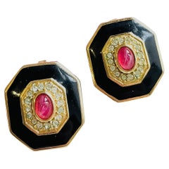 Christian Dior Vintage Rare Gripoix Ruby Red Black Crystals Octagon Earrings