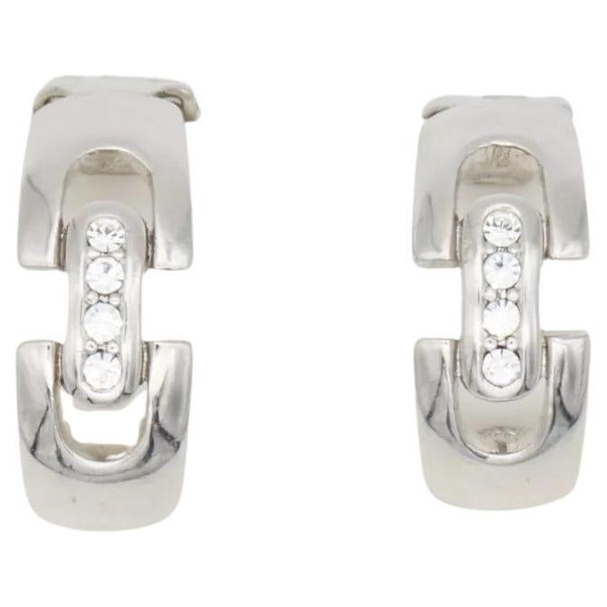 Christian Dior Vintage Rare GROSSE 1970s Crystals Silver Hoop Domed Earrings For Sale